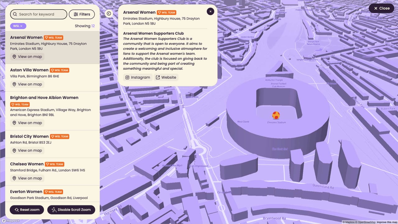 Desktop interactive map with the club directory and Arsenal Women detail panel
