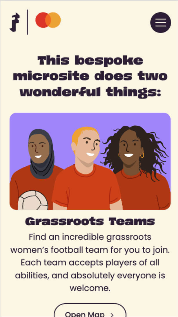 Microsite intro screen introducing the bespoke grassroots teams experience