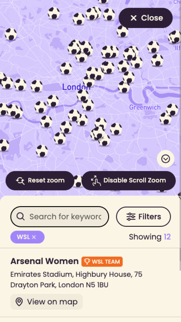 Interactive map view with keyword search and filters showing women's football clubs