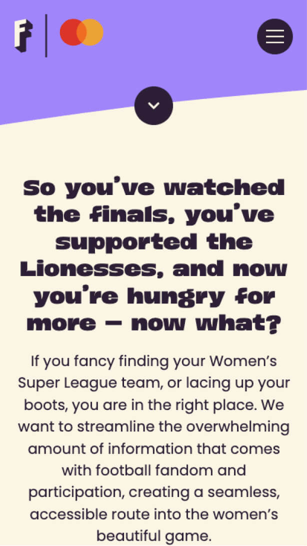 Welcome screen with campaign copy for new Women's Super League supporters