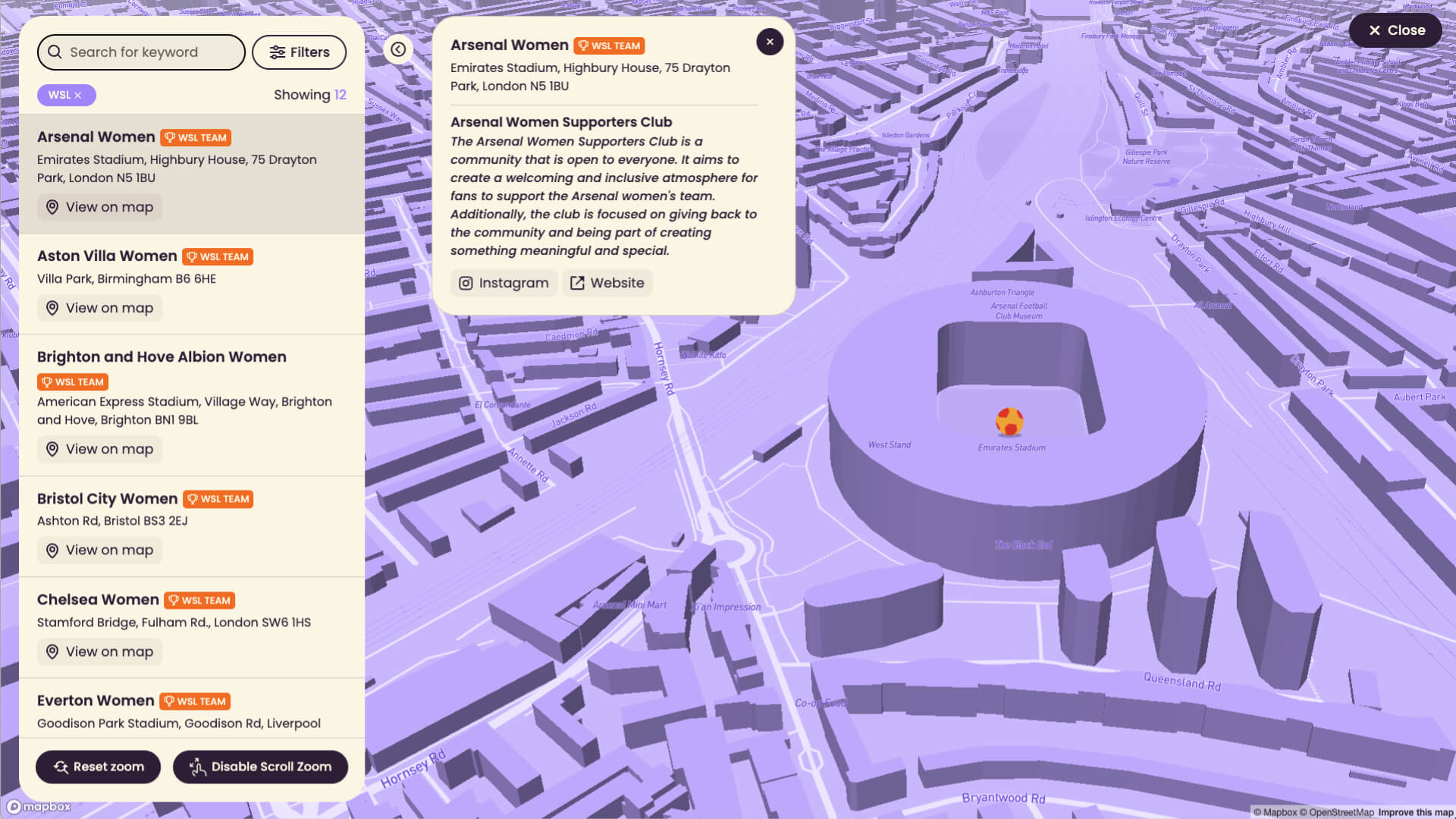 Desktop interactive map with the club directory and Arsenal Women detail panel