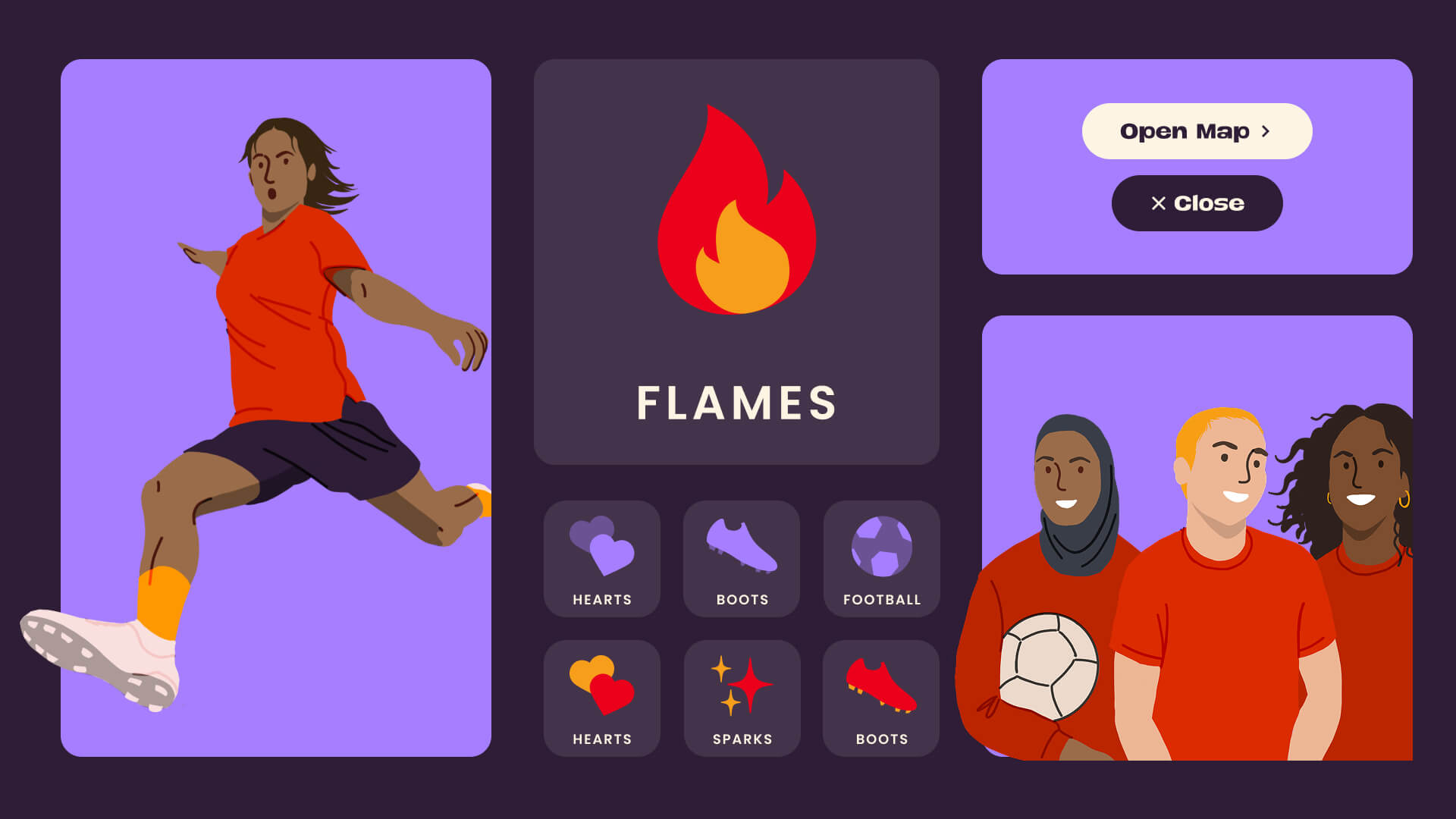 Design system showcase with player illustration, the Flames card, icon set and UI components